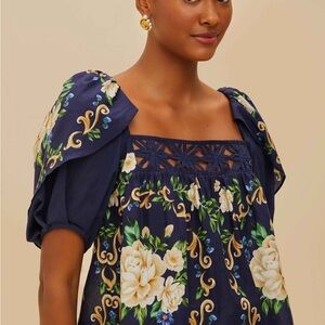 FARM Rio Navy Floral Puff Sleeve Blouse